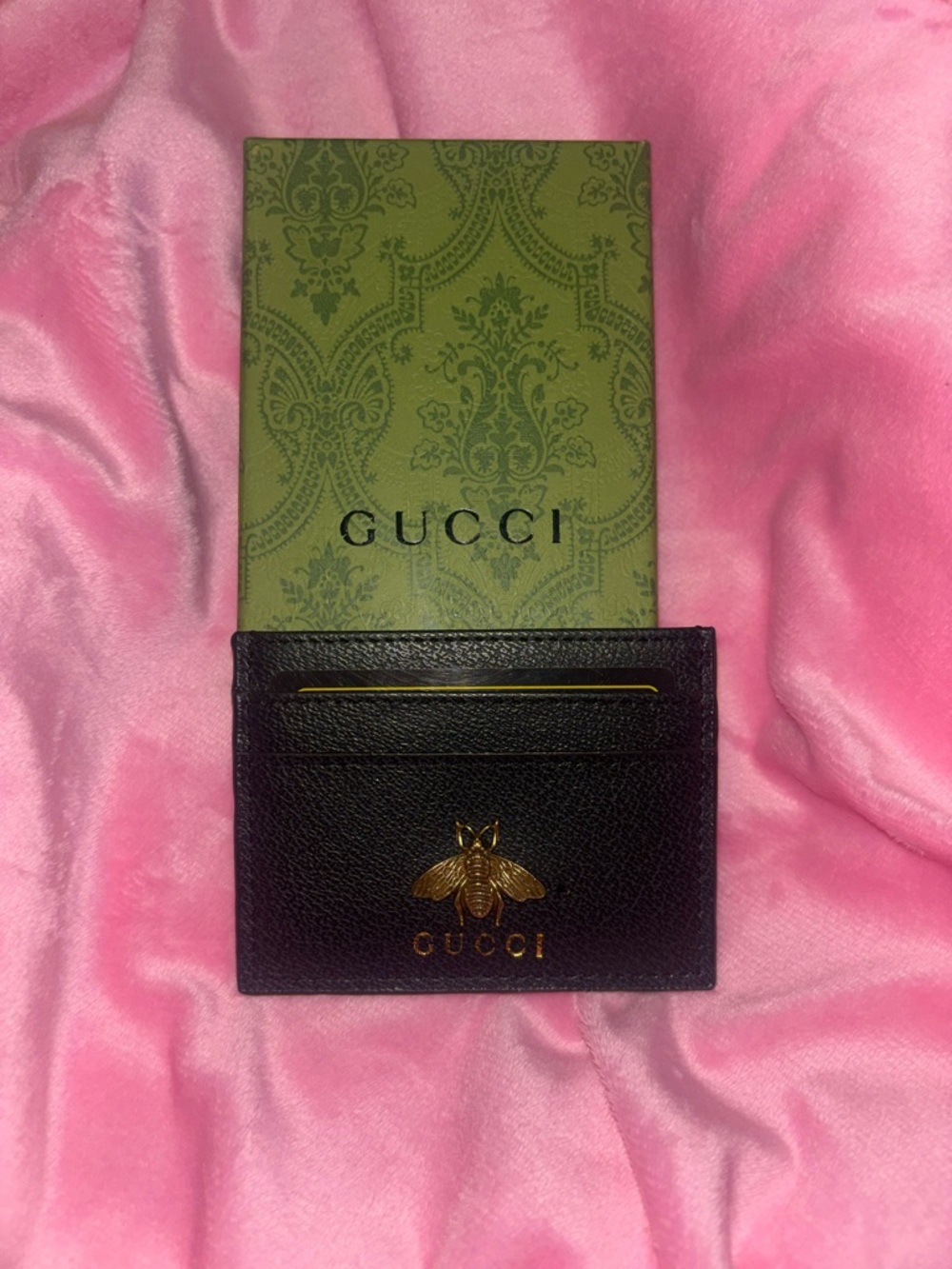 Gucci Black Leather Card Case with Gold Bee Detail